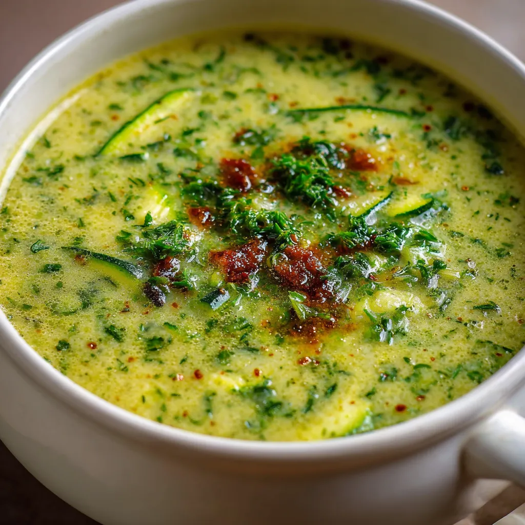 Bowl of creamy zucchini soup garnished with fresh parsley