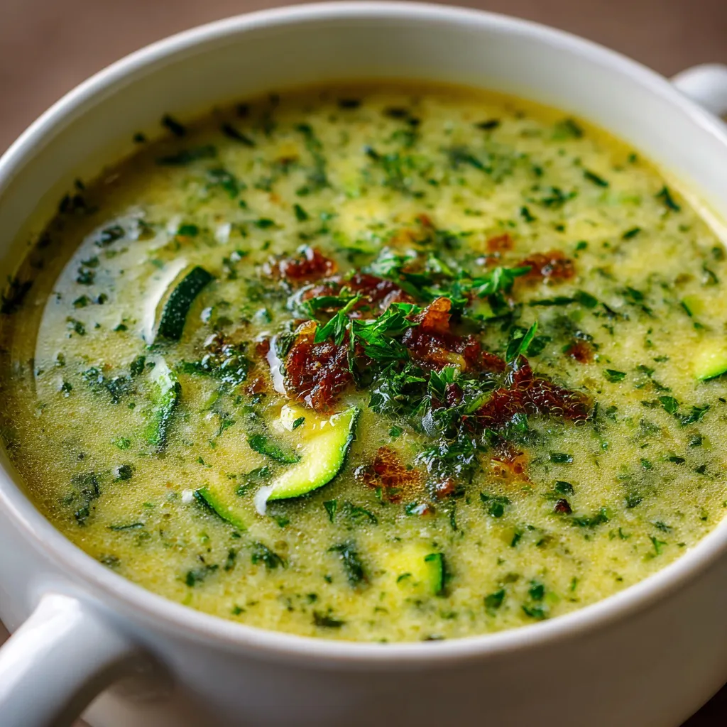 Bowl of creamy zucchini soup garnished with fresh parsley