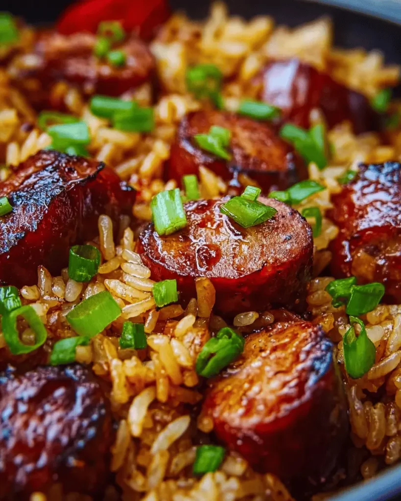 One Pan Sweet and Tangy Barbecue Sausage Rice