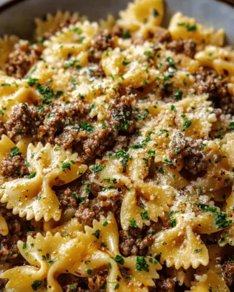 Garlic Butter Bowtie Pasta with Ground Beef