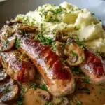 Sausages with Mushroom Gravy and Creamy Cabbage Mashed Potatoes