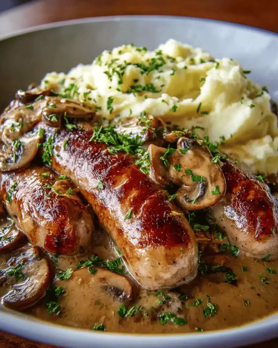 Sausages with Mushroom Gravy and Creamy Cabbage Mashed Potatoes