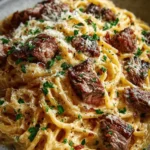 Steak Alfredo Spaghetti with Creamy Parmesan