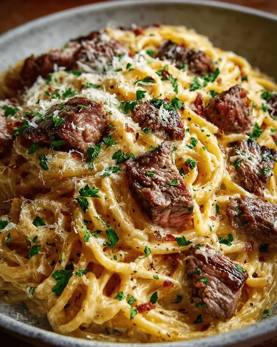 Steak Alfredo Spaghetti with Creamy Parmesan