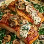 Garlic Butter Salmon with Spinach & Mushrooms in Creamy Sauce