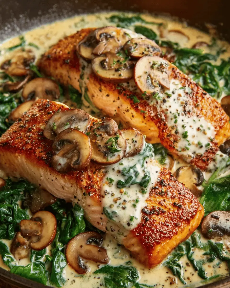 Garlic Butter Salmon with Spinach & Mushrooms in Creamy Sauce