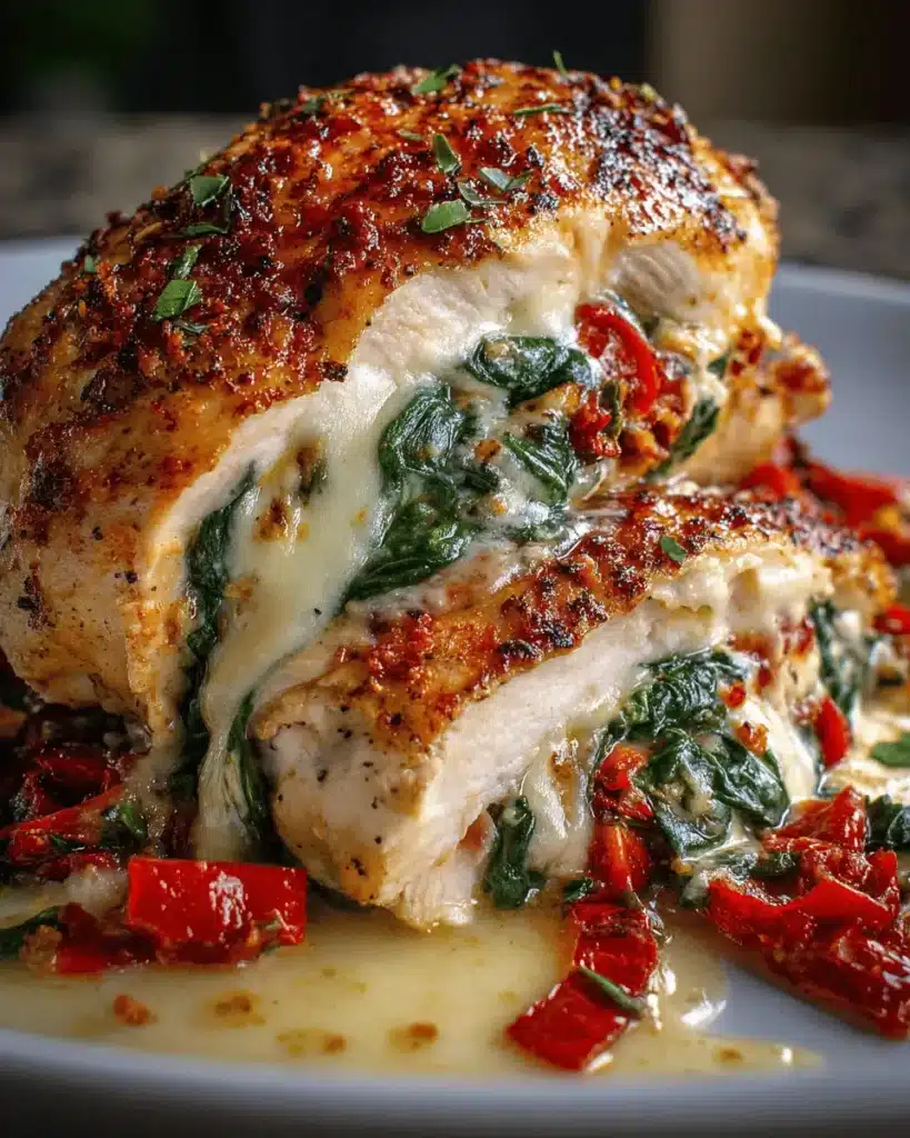Roasted Red Pepper, Spinach, and Mozzarella Stuffed Chicken