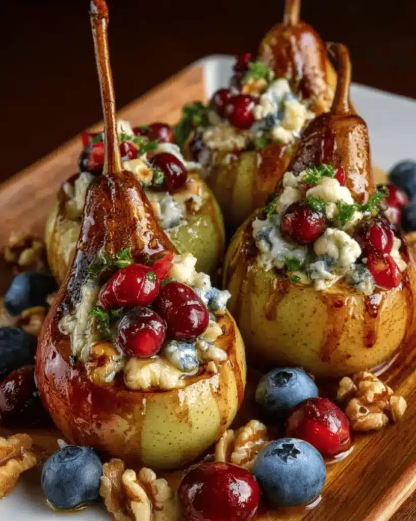 Baked Pears with Berries, Honey, Walnuts & Blue Cheese