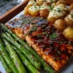Ultimate BBQ Glazed Salmon with Cheesy Asparagus & Roasted Baby Potatoes