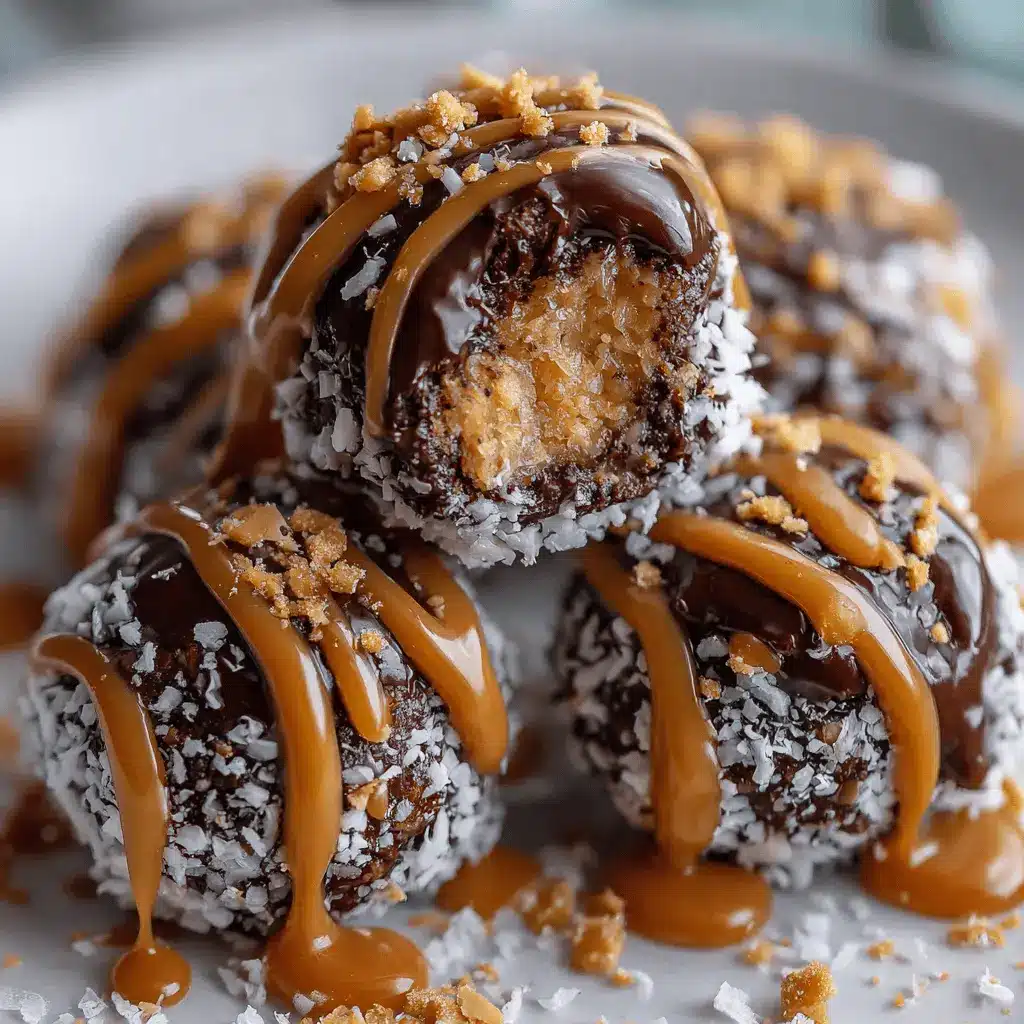Chocolate Peanut Butter Snowballs with Caramel Drizzle