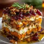 Layered Sweet Potato, Butternut Squash & Carrot Lasagna with Feta, Walnuts & Cranberry‑Honey Glaze