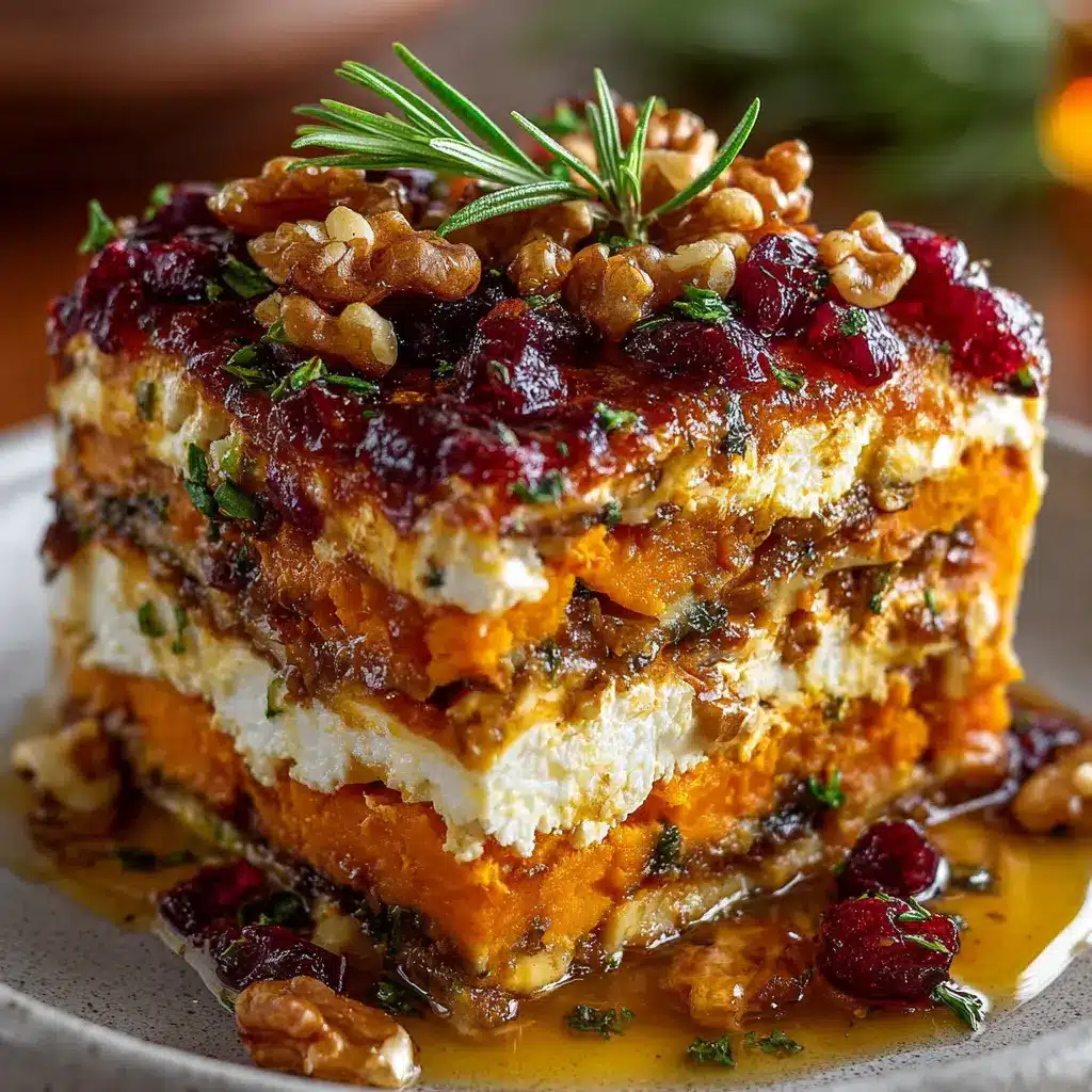 Layered Sweet Potato, Butternut Squash & Carrot Lasagna with Feta, Walnuts & Cranberry‑Honey Glaze