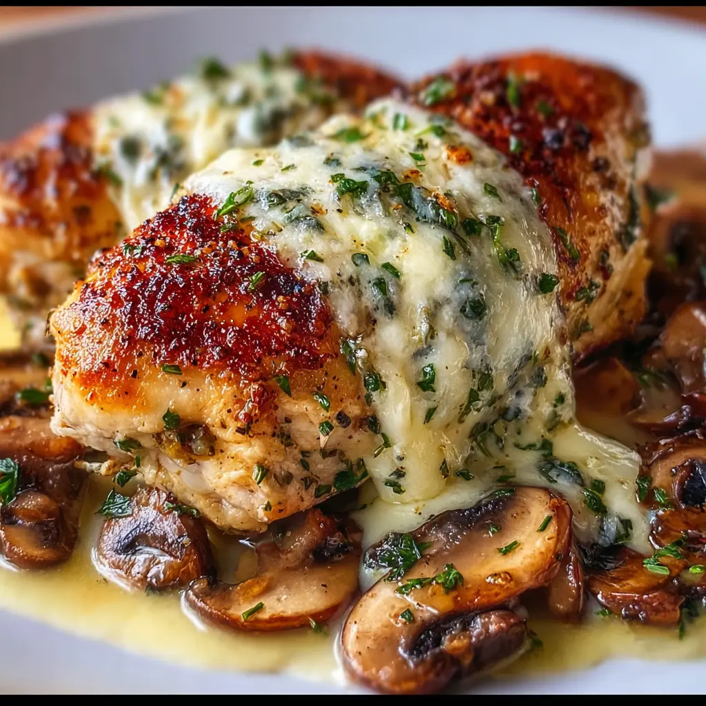 Cheesy Garlic Butter Mushroom Stuffed Chicken