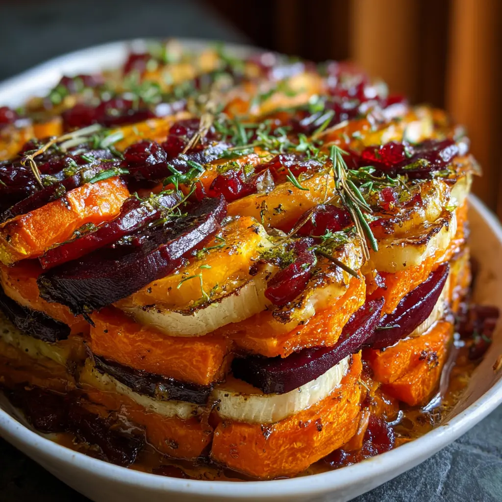 Layered Sweet Potato, Squash & Parsnip Bake with Cranberry‑Honey Drizzle