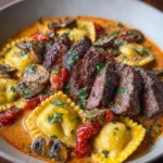 Creamy Tomato Mushroom Ravioli with Seared Steak