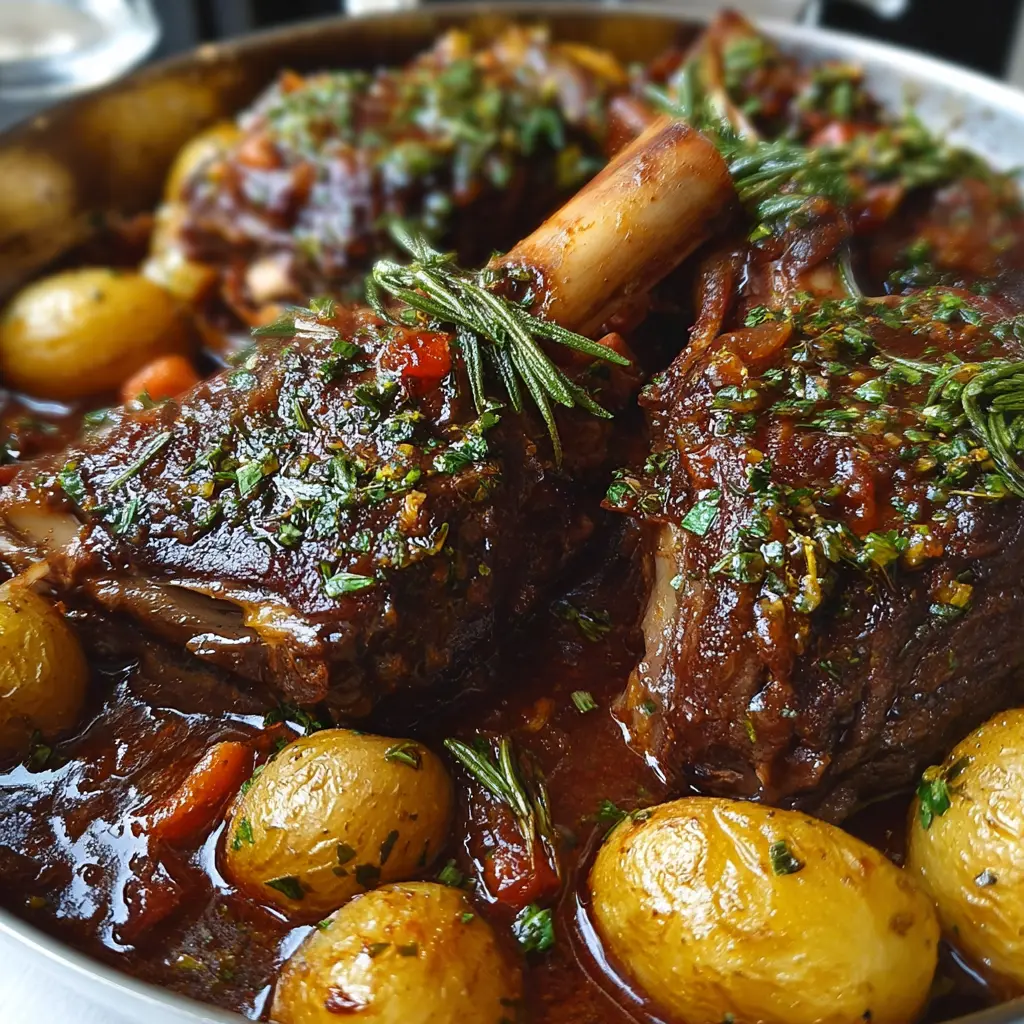 Slow‑Cooked Braised Lamb Shanks with Roasted Potatoes & Herbs