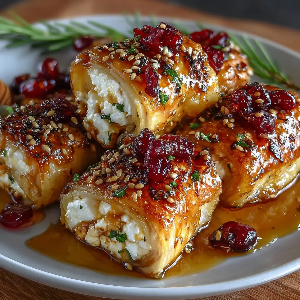 Golden Baked Feta Rolls with Sweet Cranberry Honey