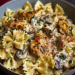 Creamy Chicken Garlic Alfredo Bowtie Pasta with Mushrooms