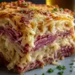 Reuben Bake with Layers of Corned Beef, Sauerkraut, and Swiss Cheese