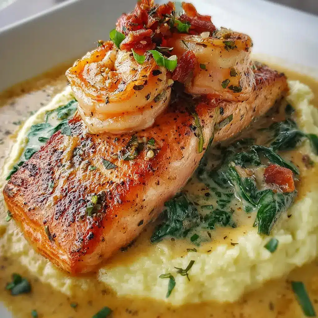 Creamy Tuscan Salmon with Shrimp over Mashed Potatoes
