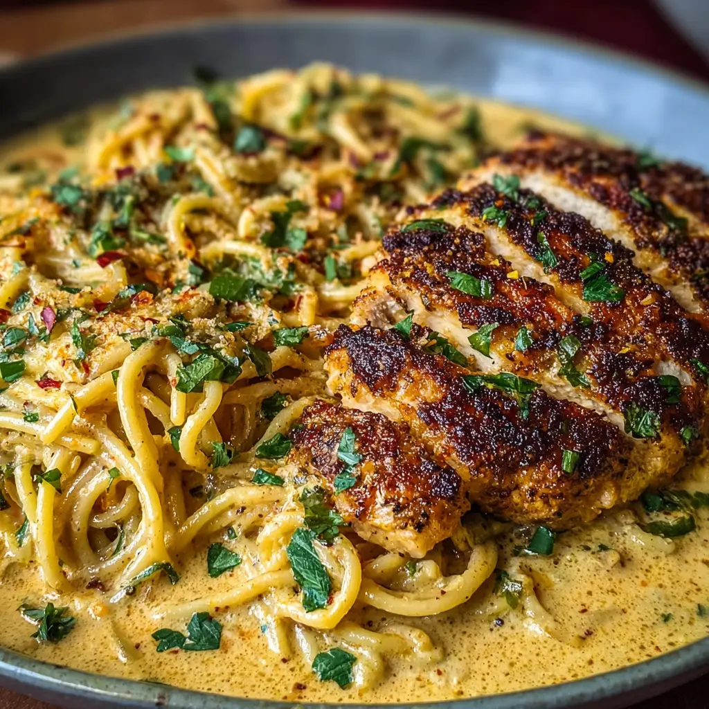 Garlic Parmesan Chicken Spaghetti in Spicy Cajun Cream Sauce