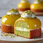 Elegant Pistachio Sponge Cakes with Meyer Lemon Mousse and Glossy Citrus Mirror Glaze