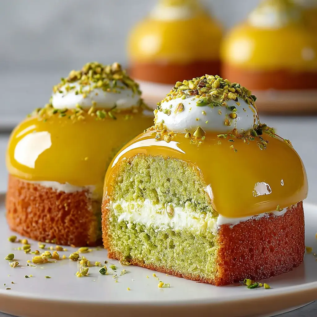 Elegant Pistachio Sponge Cakes with Meyer Lemon Mousse and Glossy Citrus Mirror Glaze