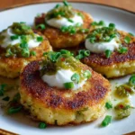 Green Chile Cheese Potato Cakes with Green Chile Sour Cream