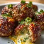 Dill Pickle Stuffed Meatballs That Are Juicy and Cheesy