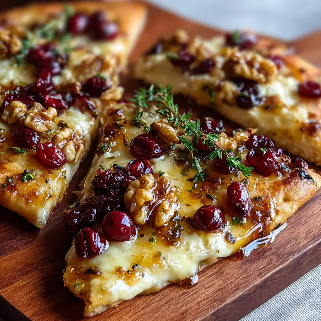Crispy Flatbread with Brie, Cranberries & Toasted Walnuts with a Hot Honey Drizzle 🍯✨