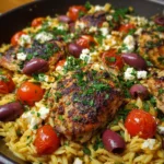 Greek Chicken Orzo with Cherry Tomatoes, Olives, Feta