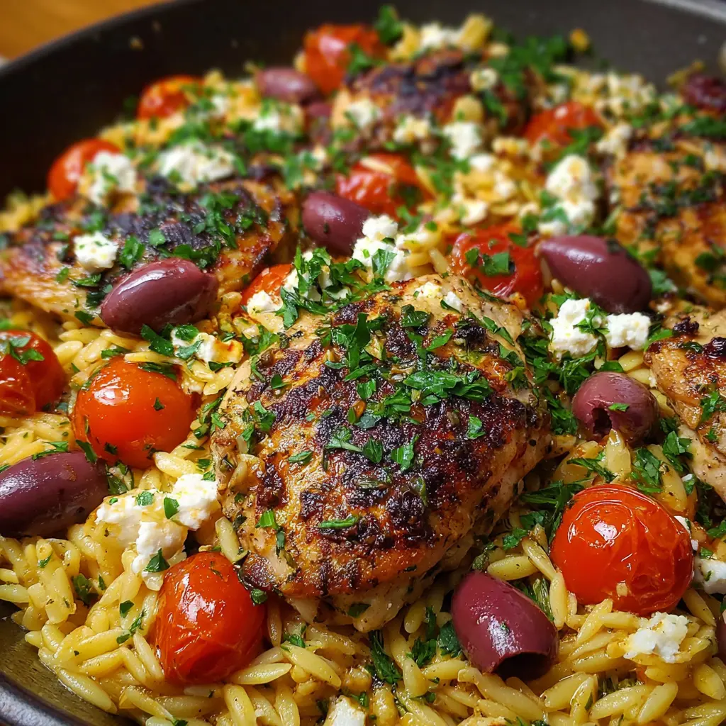 Greek Chicken Orzo with Cherry Tomatoes, Olives, Feta