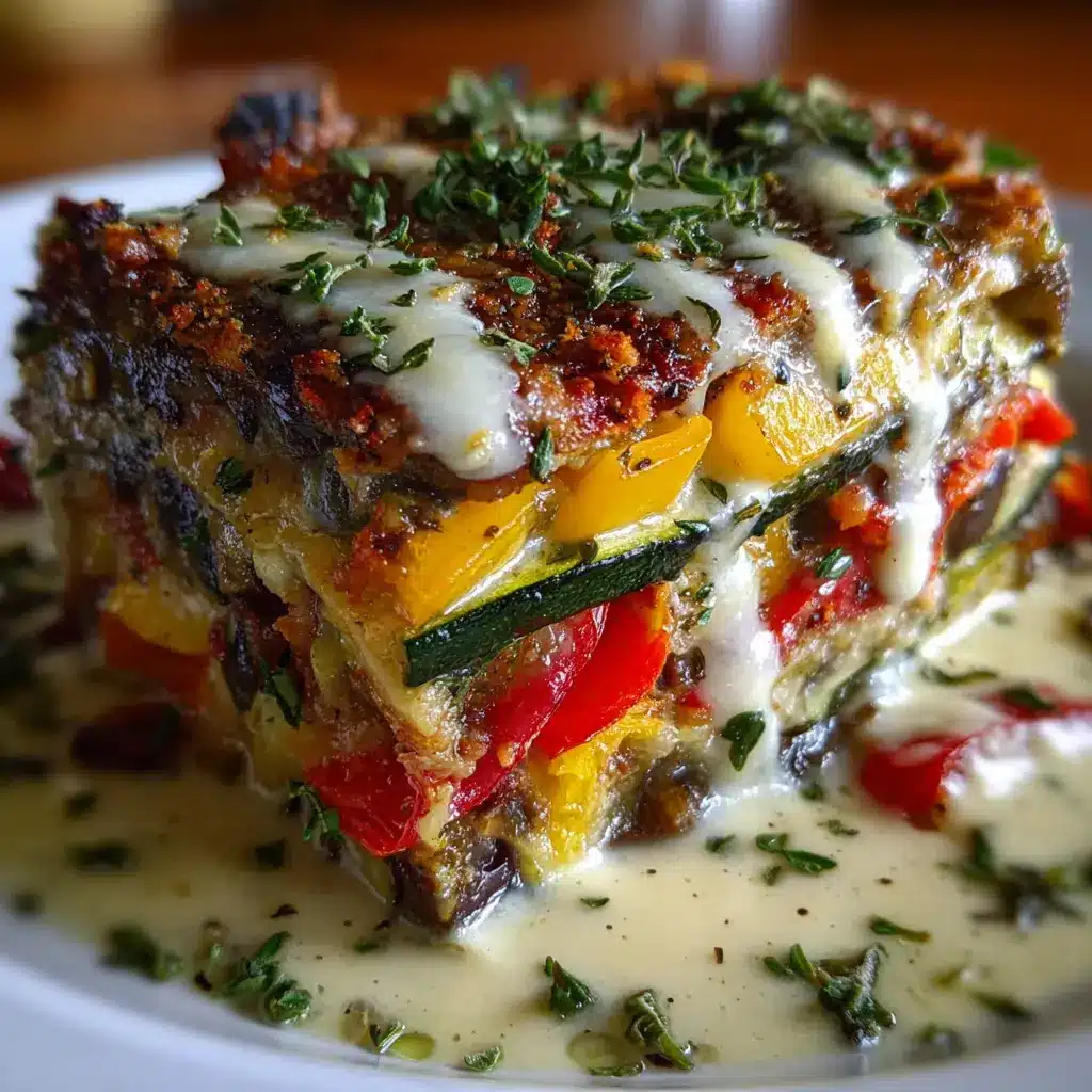Layered Mediterranean Eggplant, Zucchini, Yellow & Red Bell Pepper Lasagna with Creamy Garlic Herb Three-Cheese Drizzle