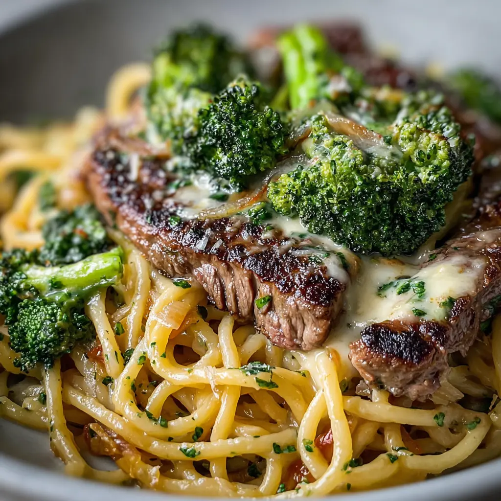 Steak Spaghetti with Garlic Parmesan Cream and Broccoli Crowns