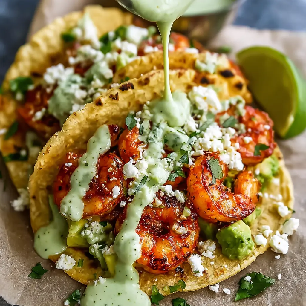 Shrimp Tacos with Feta, Avocado, and Creamy Cilantro-Lime Sauce