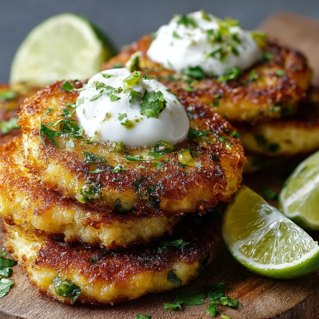Crispy Cheesy Green Chile Potato Cakes with Lime Sour Cream