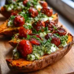 Roasted Sweet Potatoes Stuffed with Ricotta, Cherry Tomatoes & Pesto