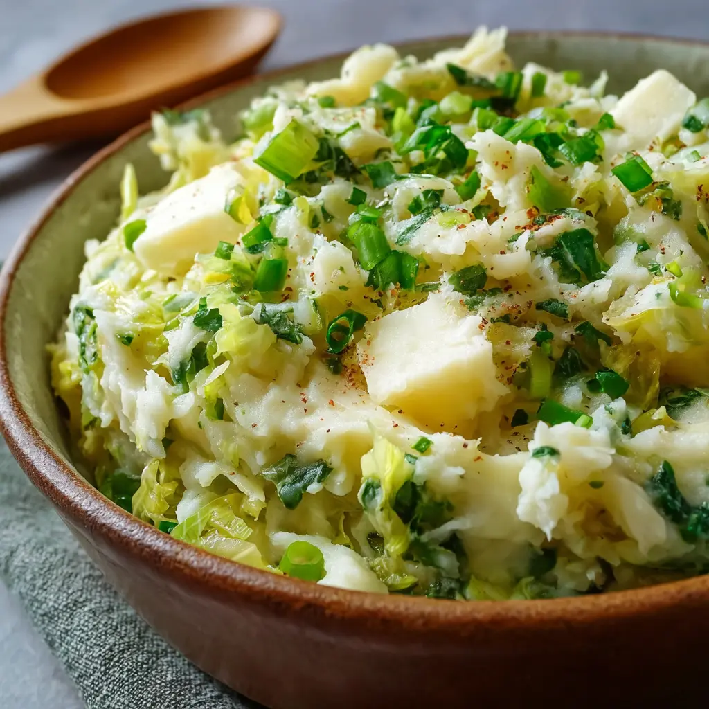 Traditional Irish Creamy Colcannon Potatoes with Buttered Cabbage and Spring Onions