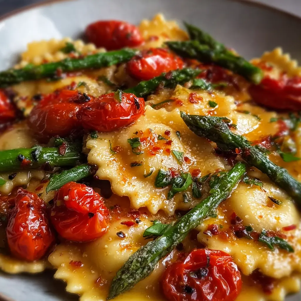 Ravioli with Tomatoes, Asparagus, Garlic, and Herbs