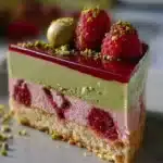 Elegant Raspberry Pistachio Mousse Cake with Almond Sponge and Glossy Berry Glaze 🍓🥜