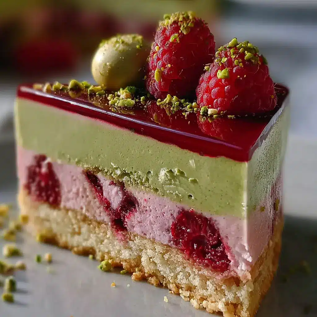 Elegant Raspberry Pistachio Mousse Cake with Almond Sponge and Glossy Berry Glaze 🍓🥜
