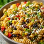 Mexican Street Corn Pasta Salad with Black Beans, Bell Peppers, Green Onions, and Cotija Cheese