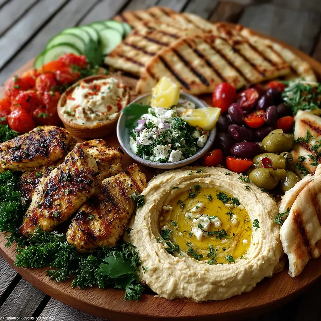 Mediterranean Greek Appetizer Board with Hummus and Grilled Pita