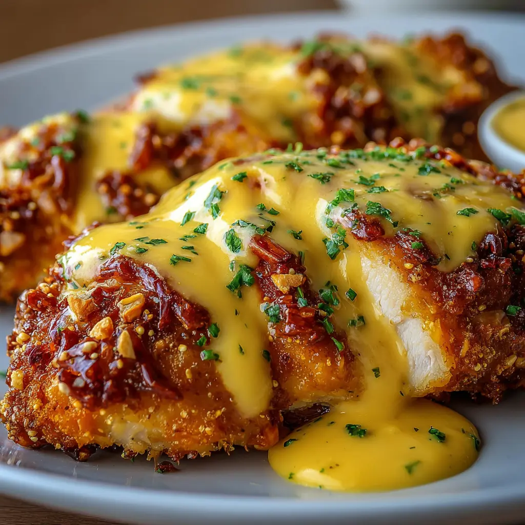 Pretzel Chicken with Mustard-Cheddar Sauce