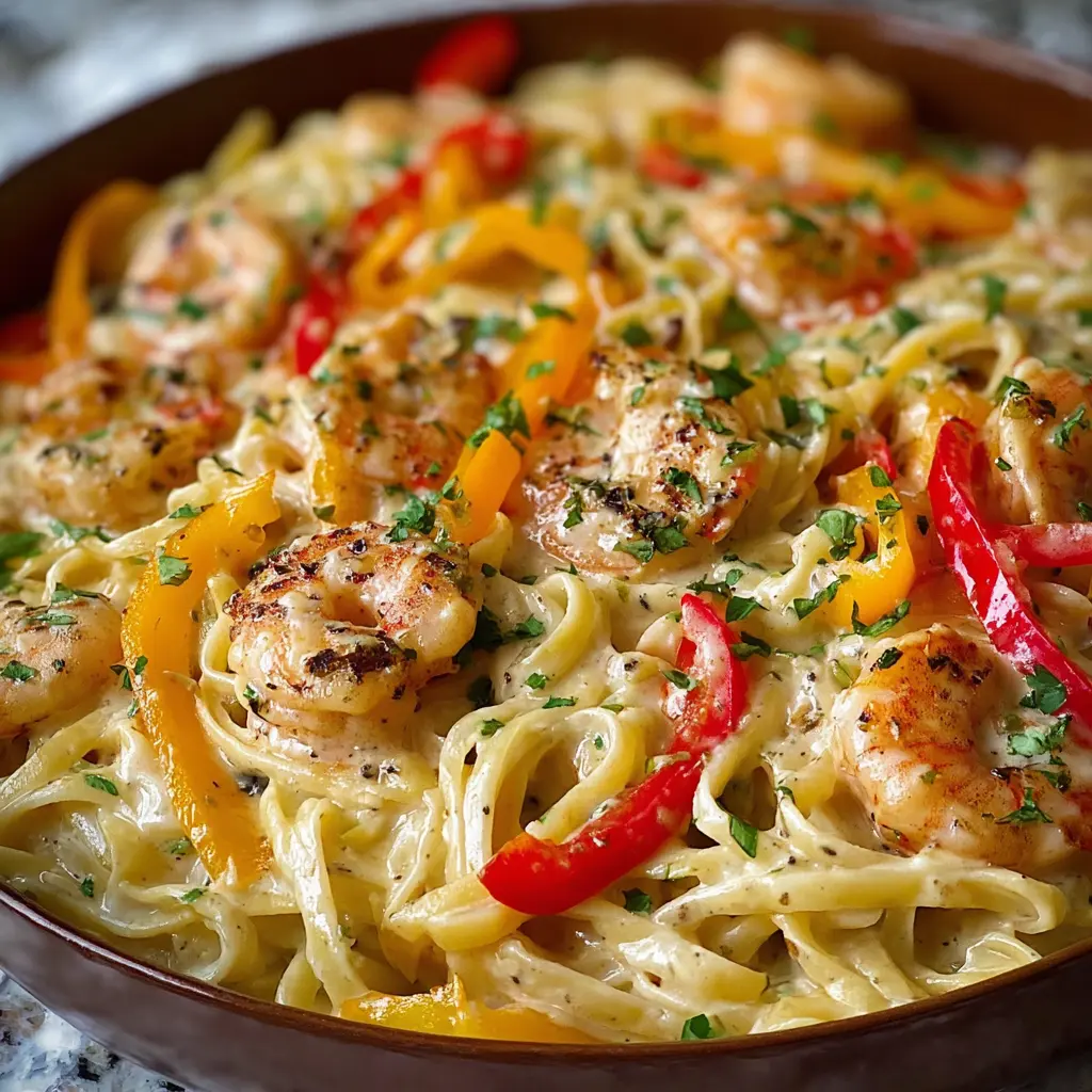 Creamy Alfredo Shrimp Linguine with Bell Peppers