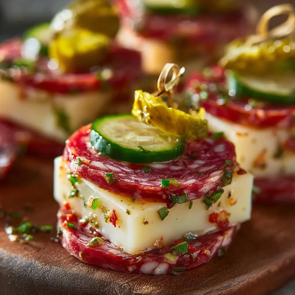 Easy Marinated Cheese Appetizer with Salami & Pickles