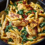Creamy Asiago Chicken Pasta with Sun-Dried Tomatoes, Spinach, Garlic & Paprika
