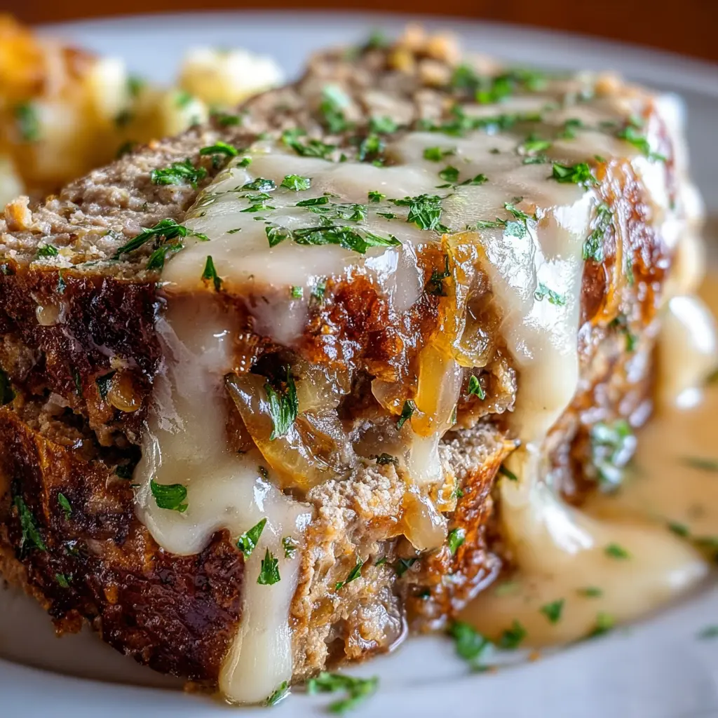 Crockpot French Onion Meatloaf with Melted Swiss Cheese