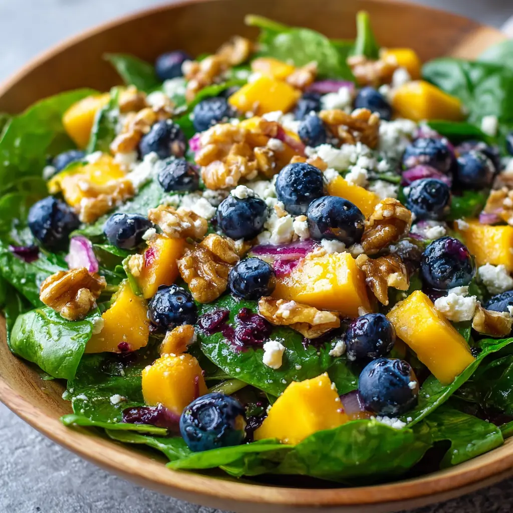 Mango Blueberry Spinach Salad with Walnuts & Feta