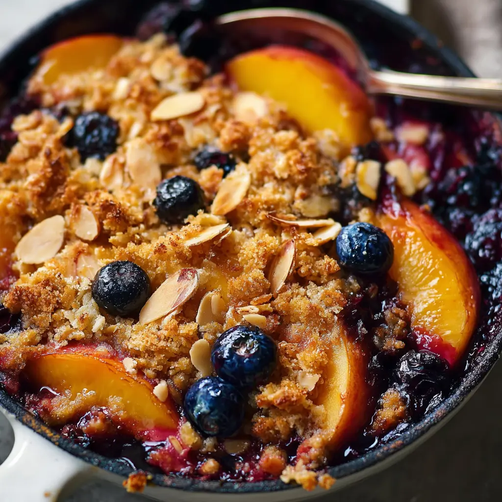 Peach and Blueberry Crisp with Almonds, Oats, and Brown Sugar